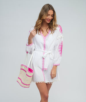 White/Pink Embroidered Cotton Tunic with Long Sleeves and Tassel Detail