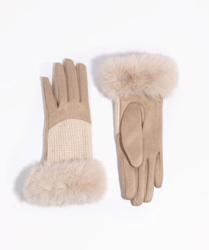 Beige Cable Knit Glove with Faux Fur Cuff