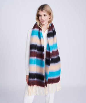Turquoise Striped Oversized Scarf with Raw Edges