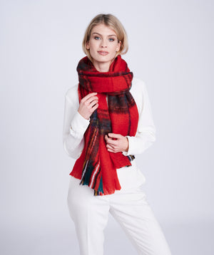 Red Tartan Blanket Scarf with Classic Pattern and Supercosy Wool Mix