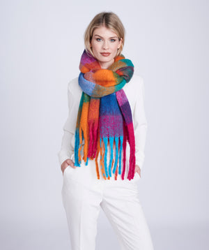 Multicoloured Block Checked Scarf with Chunky Tassel Fringe