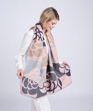 Blush/Silver Grey Oversized Floral Printed Scarf with Soft Frayed Hemline