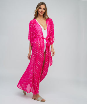 Pink Sparkling Lurex Spot Print Maxi Kimono with Waist Tie