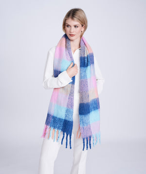 Pastel Oversized Check Blanket Scarf with Fringed Trim
