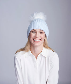 Blue Rib Knit Hat with Oversize Pom Pom