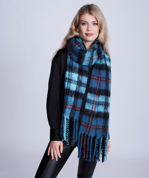 Blue Check Blanket Scarf with Fringed Trim