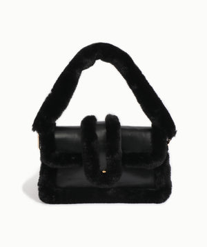 Black Faux Fur and PU Crossbody Bag with Button Closure