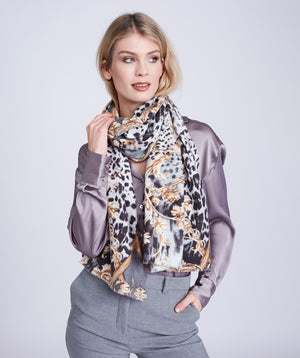 Silver Grey Leopard Print Scarf with Chain Detail