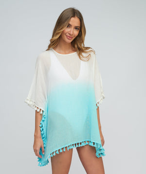 Blue Tie Dye Ombré Beach Coverup in Crinkled Cotton