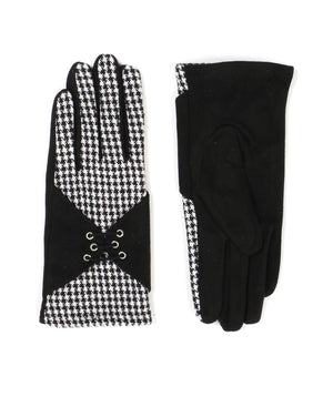 Black Houndstooth Lace-Up Gloves with Faux Suede Detailing