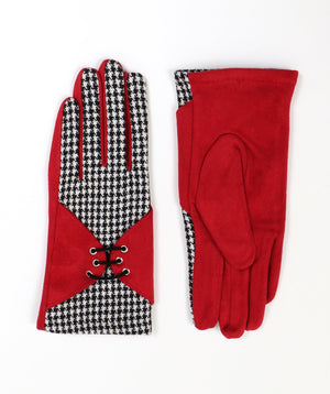 Red Houndstooth Lace-Up Gloves with Faux Suede Detailing