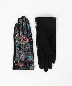 Green Floral Printed Gloves with Faux Leather Belt Embellishment