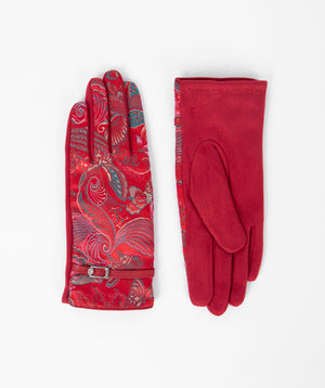 Red Floral Printed Glove with Faux Leather Belt Embellishment
