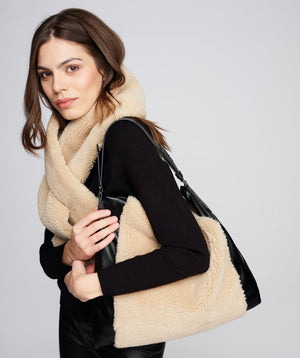 Camel Faux Fur Slouch Bag with Zip Closure and Inner Pockets