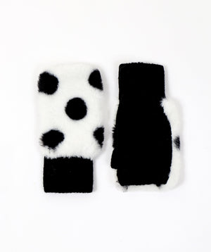 Black and White Faux Fur Covered Gloves with Knitted Cuff