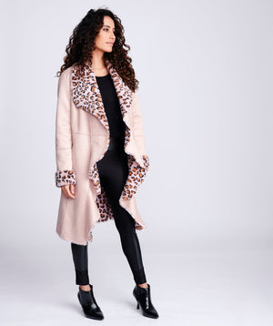 A stunning and cosy Pink Leopard Faux Fur Coat.