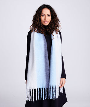Blue Ombre Stripe Scarf with Fringed Hemline and Soft Hues