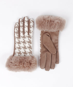 Beige Faux Suede Houndstooth Gloves with Metallic Thread