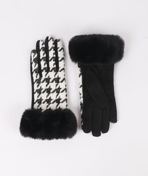 Black and White Houndstooth Gloves with Metallic Thread Detail