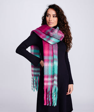 Multicoloured Check Pattern Scarf with Fringed Hemline