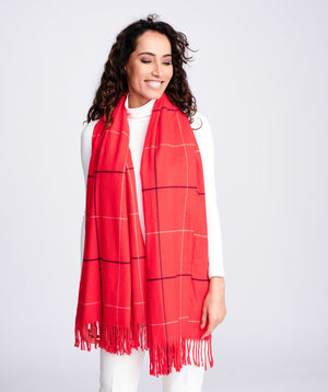 Red Checked Cashmere Feel Scarf with Knotted Fringes