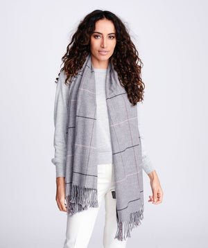 Silver Grey Checked Scarf with Knotted Fringes