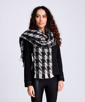 Black Check Pattern Scarf with Raw Edges