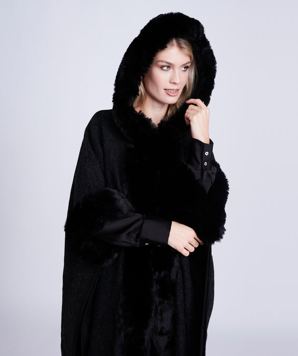 Black Faux Fur Trimmed Wrap with Fringing and Midi Length