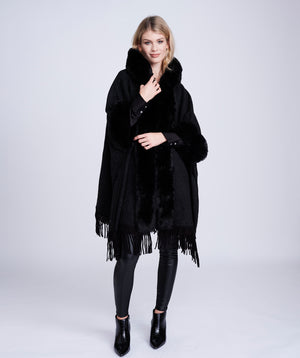 Black Faux Fur Trimmed Wrap with Fringing and Midi Length