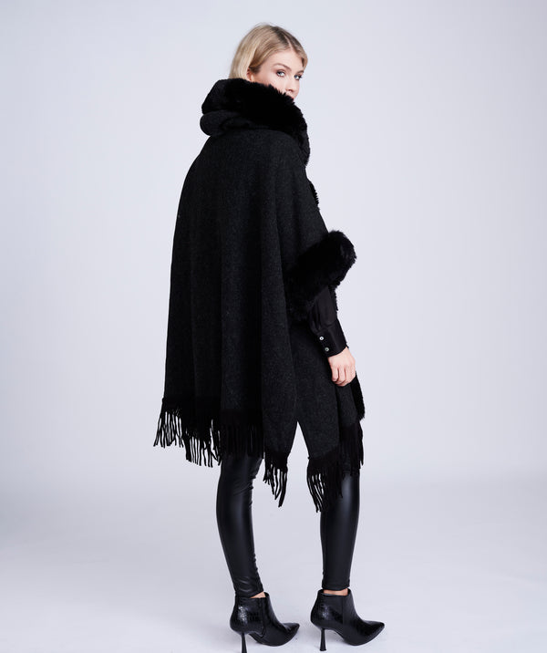 Black Faux Fur Trimmed Wrap with Fringing and Midi Length