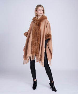 Camel Midi Length Wrap with Faux Fur Trim and Fringing