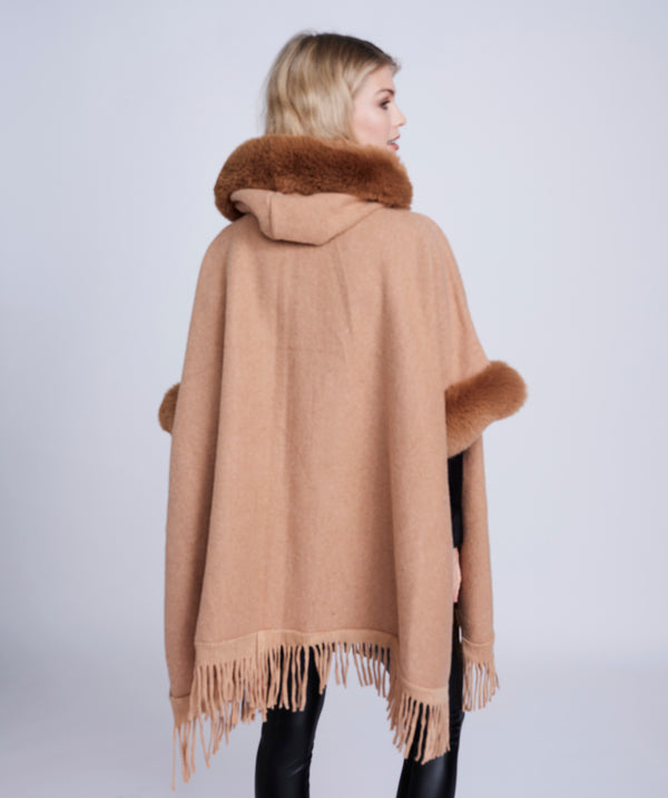 Camel Midi Length Wrap with Faux Fur Trim and Fringing