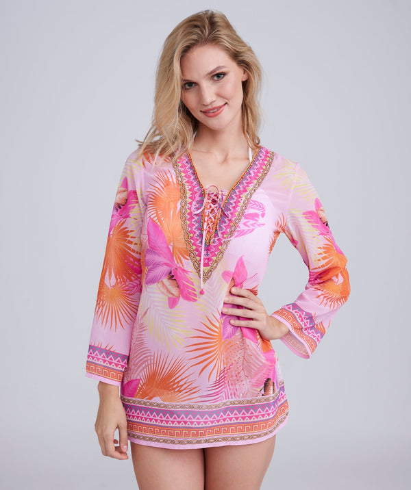 Pink Floral Print Cover up with Beaded Embellishment