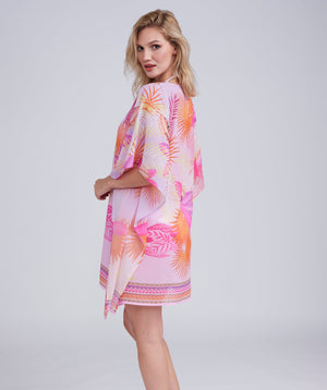 Side View: Pink Floral Print Kaftan with Embellished Beading