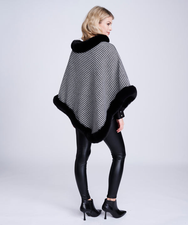 Black and White Houndstooth Poncho with Faux Fur Trim