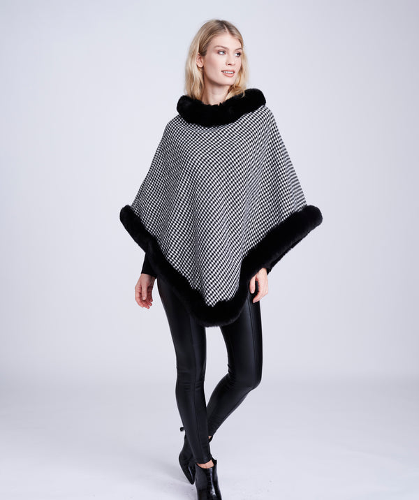 Black and White Houndstooth Poncho with Faux Fur Trim