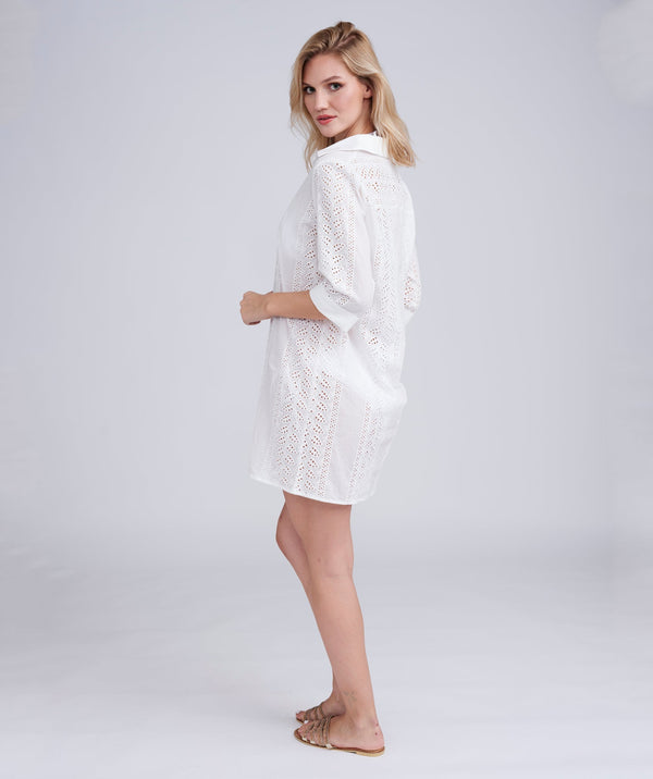 Back View: White Midi Beach Shirt with Perforated Cut Out Design