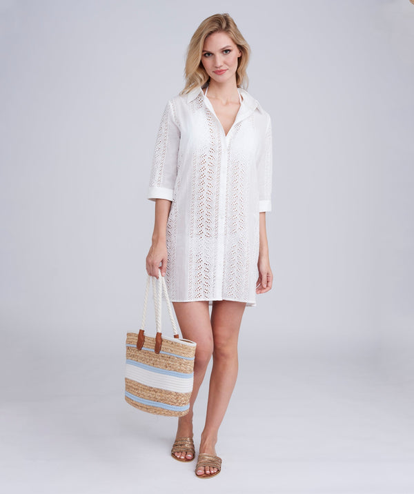 White Midi Beach Shirt with Perforated Cut Out Design