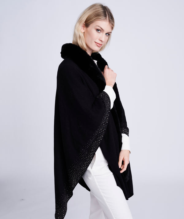 Black Wrap with Crystal Embellishments and Faux Fur Collar