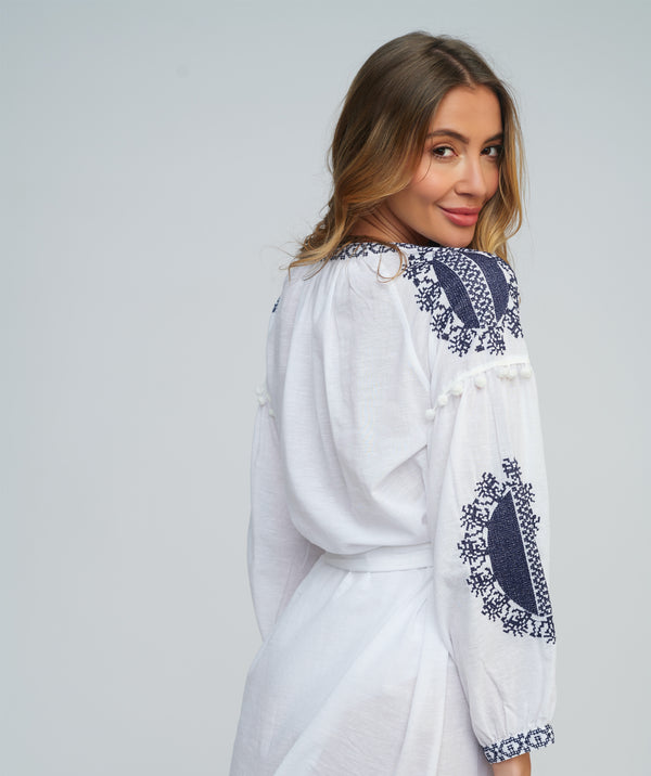 White/Navy Embroidered Cotton Tunic with Tie Belt and Tassel