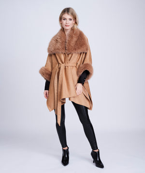 Tan Faux Suede Wrap with Plush Fur Trim and Buckle Closure