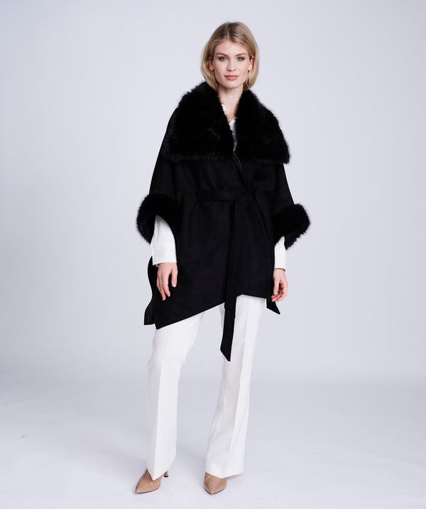 Black Faux Suede Wrap with Plush Faux Fur Trim