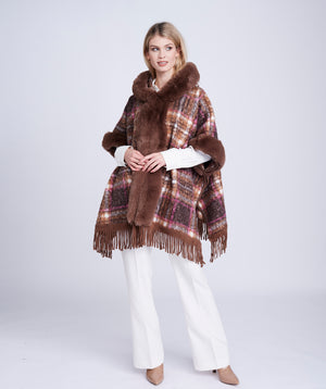 Taupe Textured Knit Wrap with Faux Fur Collar and Fringed Hemline