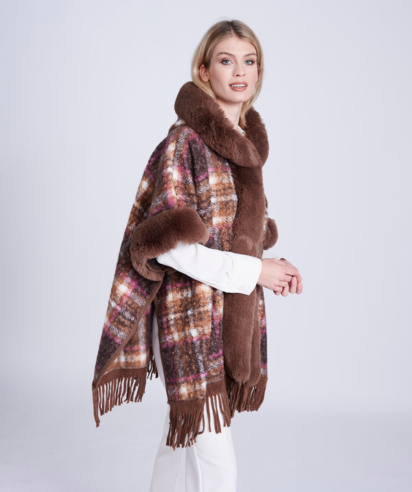 Taupe Textured Knit Wrap with Faux Fur Collar and Fringed Hemline