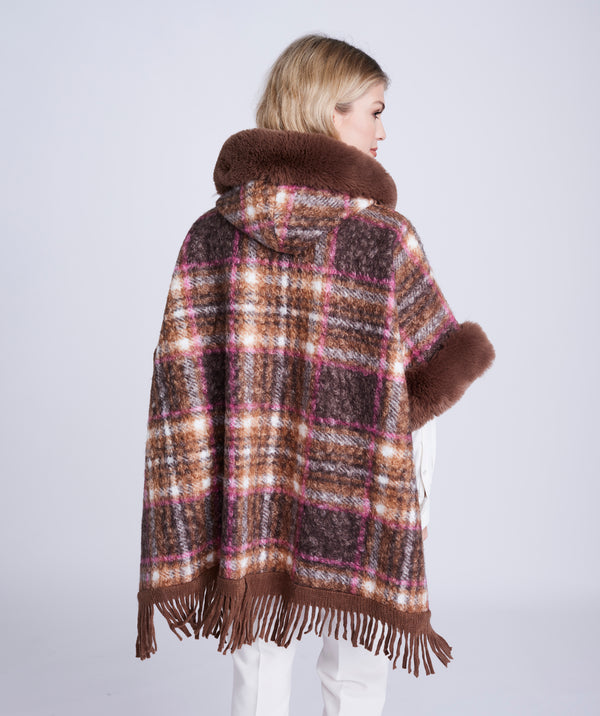 Taupe Textured Knit Wrap with Faux Fur Collar and Fringed Hemline