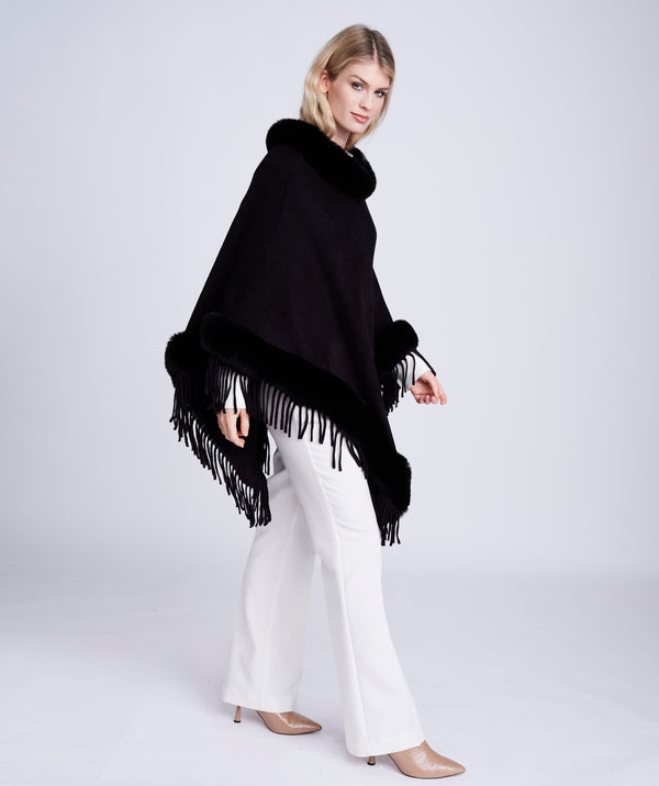 Black Winter Poncho with Luxe Faux Fur Trim and Tassel Fringe