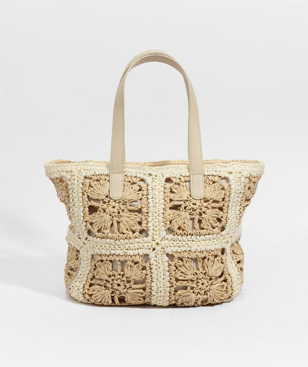 Sand & White Floral Crochet Tote with Zipped Closure