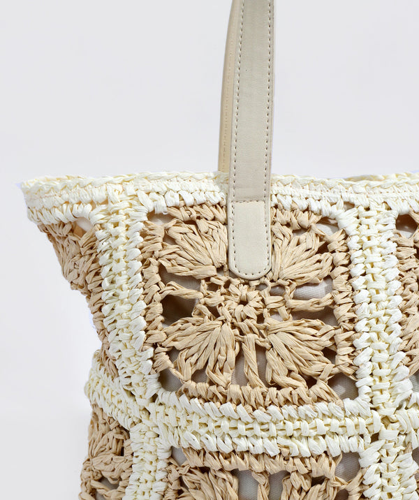 Close Up View: Sand & White Floral Crochet Tote with Zipped Closure