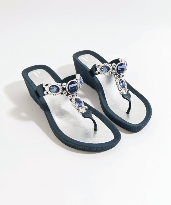 Navy Wedged Sandal with Glamorous Embellishments and Non-Slip Sole