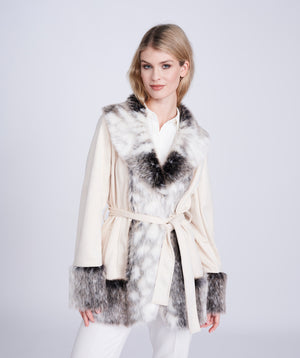 Snow Leopard Print Faux Fur Coat with Shawl Collar